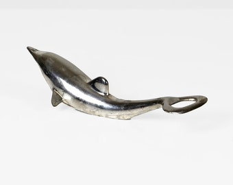Vintage Delfin Flaschenöffner 1970er – Mid Century Modern Bar Accessoire – Silberner Delfin Metall – Kapselheber & Korkenzieher
