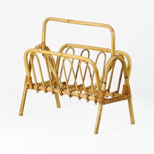 Vintage rattan magazine rack 70s boho home decor