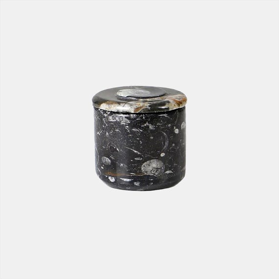 Vintage Marble Lidded Box with Ammonite Decor 1970s – Black and White Stone Trinket Box