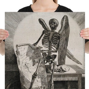 Un esqueleto alado que sostiene un dibujo de un modelo sentado Anatomía; Jacques Gamelin; Cartel de Arte Antiguo de Lavalée