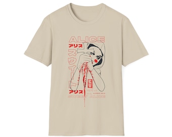 Alice Sweet Alice Horror Illustration T-Shirt | Japanese Text, Blood Drip Art