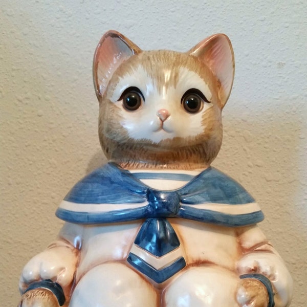 Sailor Cat Cookie Jar, Vintage Wilbur the Cat Cookie Jar, Collectible Cookie Jar, Hand Painted Porcelain Cookie Jar