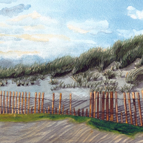 Cape May Beach, New Jersey, Landscape, Dunes, Fence, 13x19 Fine Art Giclee Print made from original watercolor painting, unmatted