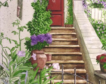 The Red Door, stairs, flowers, 13x19 fine art Giclee print made from original watercolor painting, unmatted