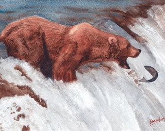 Bear Fishing, waterfall, animals, bears, salmon, Alaska, wildlife, 13"x19" fine art gallery quality giclee print unmatted