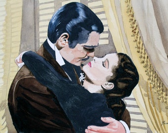 Gone With The Wind, movies, Clark Gable & Vivian Leigh, 13x19 fine art Giclee print made from original watercolor painting, unmatted