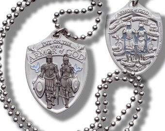 Armor of God Dog Tag Pendant with Thick Ball Chain Military Style Necklace
