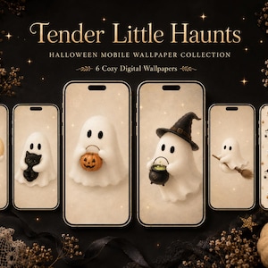 Puede incluir: Una colección de seis fondos de pantalla digitales para móviles titulada Tender Little Haunts, que muestra personajes de fantasmas blancos en varias escenas de Halloween, incluyendo con calabaza, gato negro, escoba y sombrero de bruja en móviles.