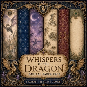 Può includere: Un pacchetto di carta digitale intitolato Whispers of the Dragon con sei fogli distinti. I design includono draghi, castelli, motivi celesti e ornamenti in blu, viola, crema e rosso, con dimensioni di 30,5 per 30,5 cm.