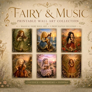 Puede incluir: Una colección digital titulada FAIRY & MUSIC PRINTABLE WALL ART COLLECTION que presenta seis ilustraciones distintas de hadas tocando varios instrumentos musicales, incluyendo un violín, arpa y flauta, sobre fondos detallados y atmosféricos.