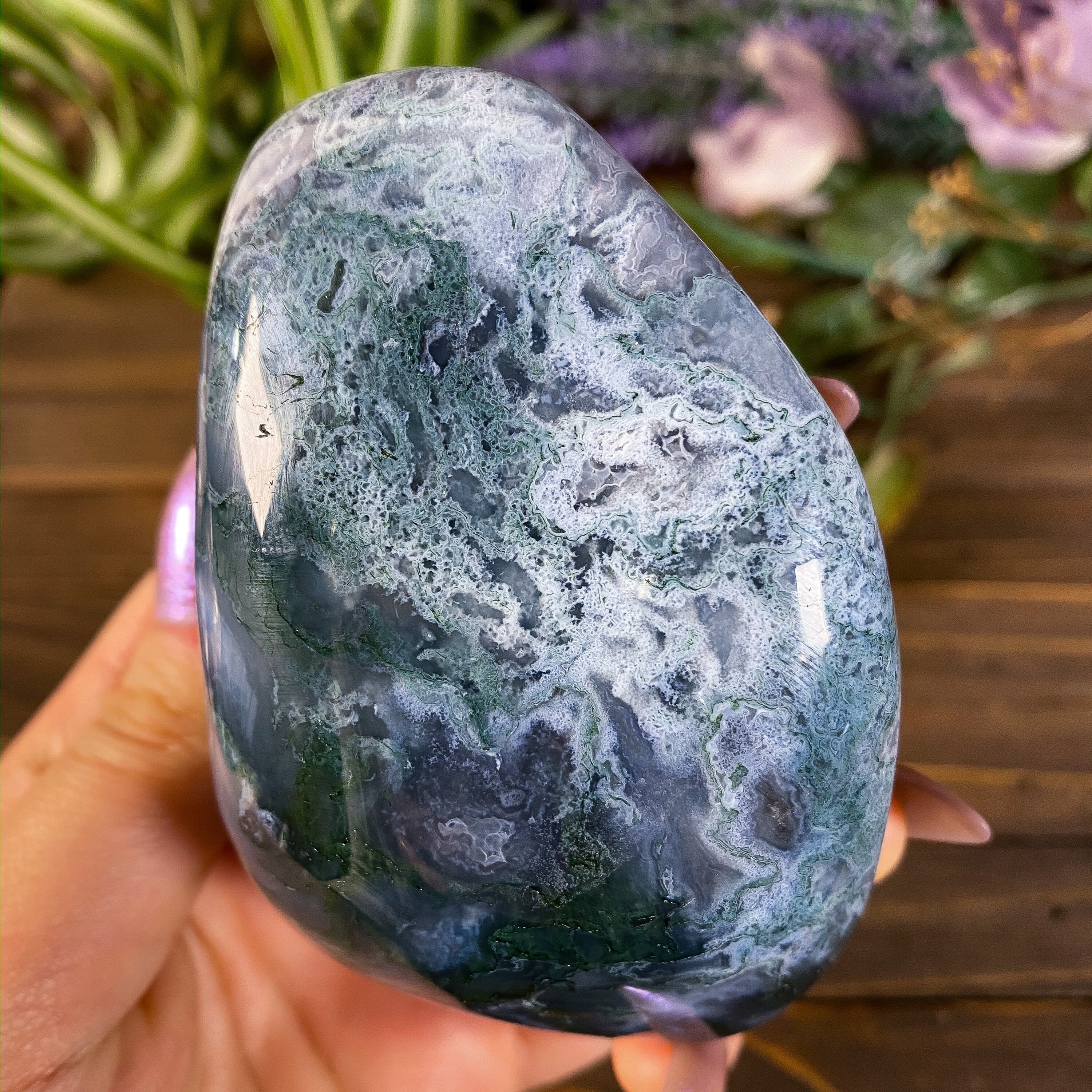 Huge Moss Agate Palm Stone