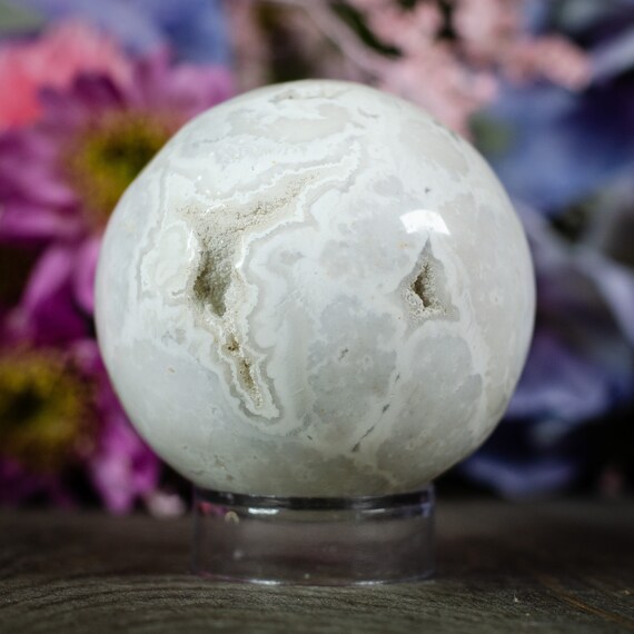 Druzy White Plume Agate Sphere With Stand