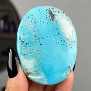 Blue Opal Fossilized Wood Palm Pocket Stone, Choose Your Crystal, Dendritic Opal, Turquoise Opal Dendrites, Rare Opal Wood, Throat Chakra