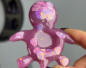 Supporto a sfera in resina a forma di tartaruga, conchiglia rosa arcobaleno iridescente con vibrazioni da sirena, porta sfera di cristallo