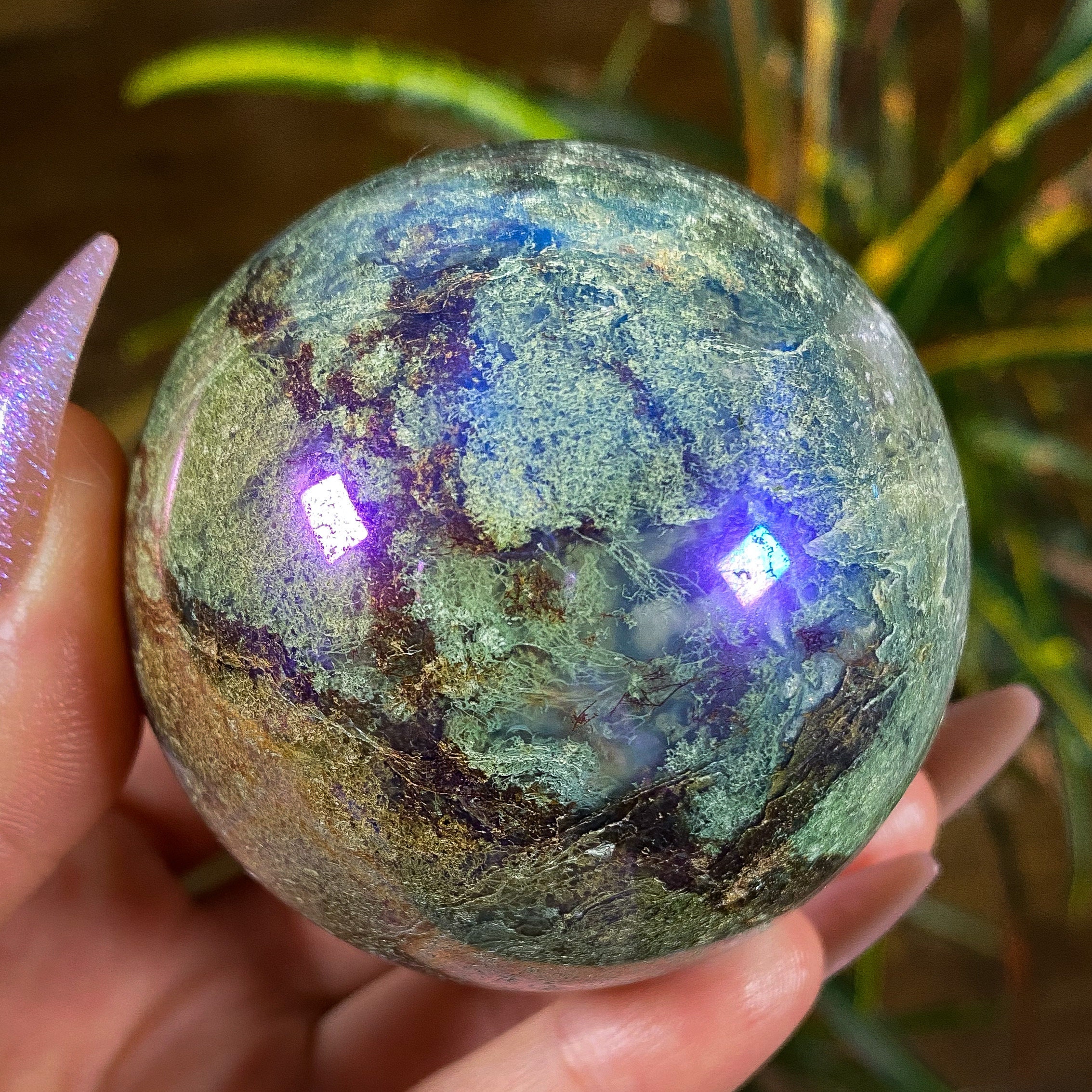 Rainbow Aura Moss Agate Sphere With Stand