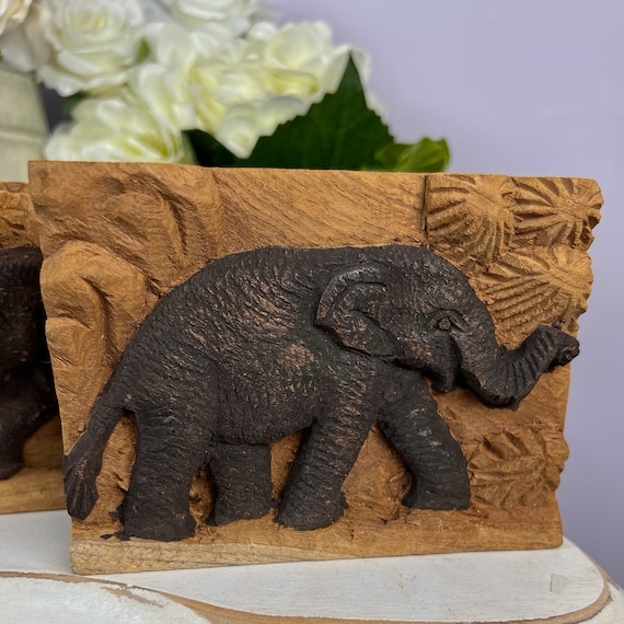 Wooden Elephant Carved Wall Plaques, Luck and Prosperity Symbol