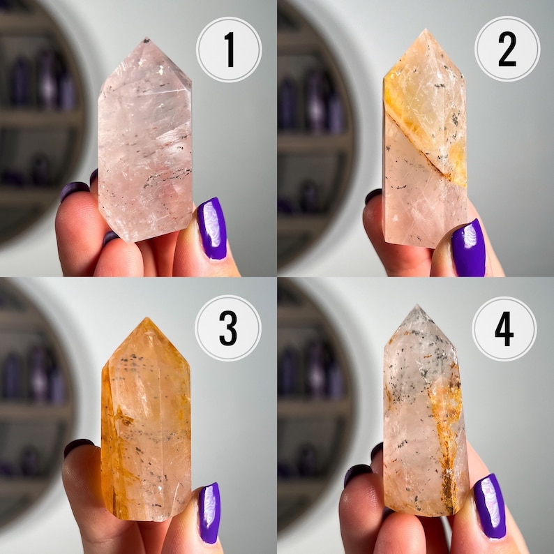 May include: Four clear quartz crystal points with inclusions of golden rutile. The crystals are arranged in a grid pattern, numbered 1 through 4.