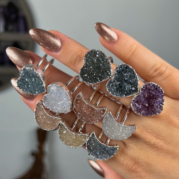 You Choose Adjustable Glittery Rainbow Amethyst Moon or Heart Druzy Silver Plated Rings from Uruguay