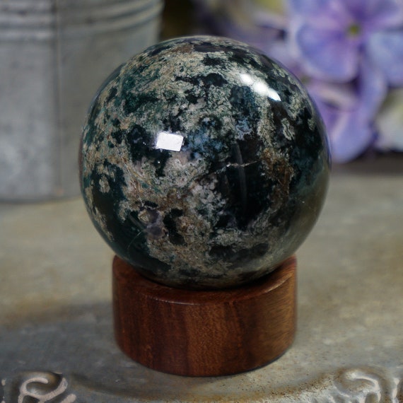Moss Agate Druzy Crystal Sphere With Stand
