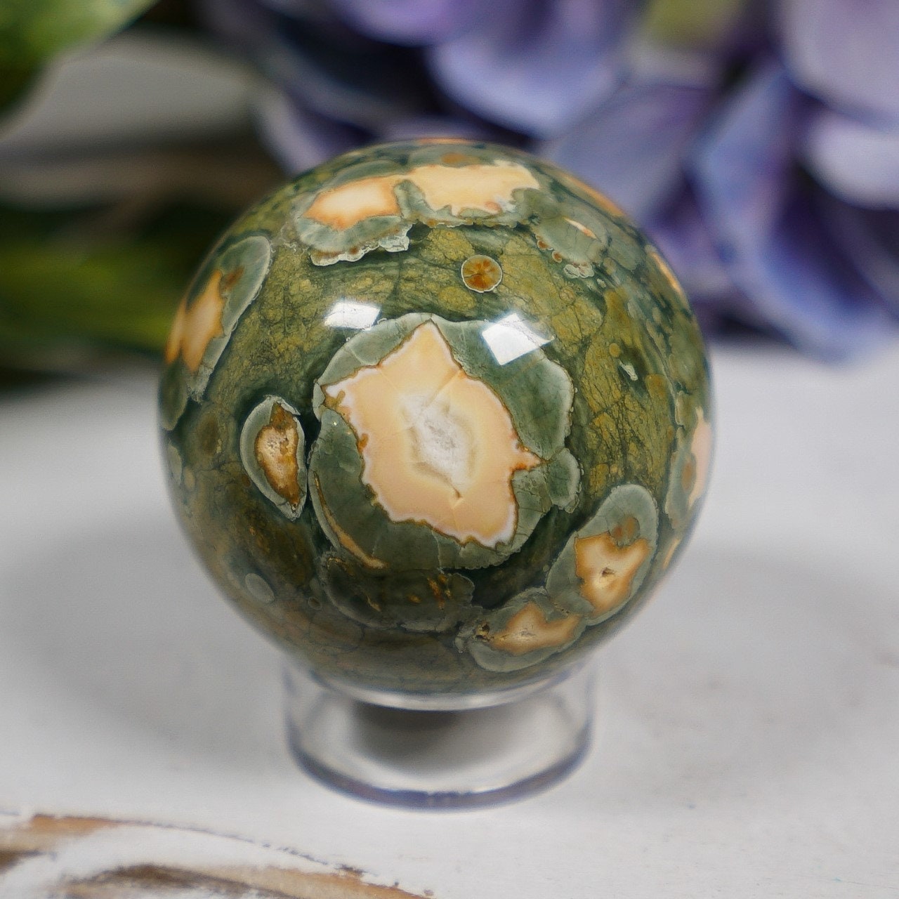 Rainforest Rhyolite Sphere With Stand Rainforest Jasper Chalcedony