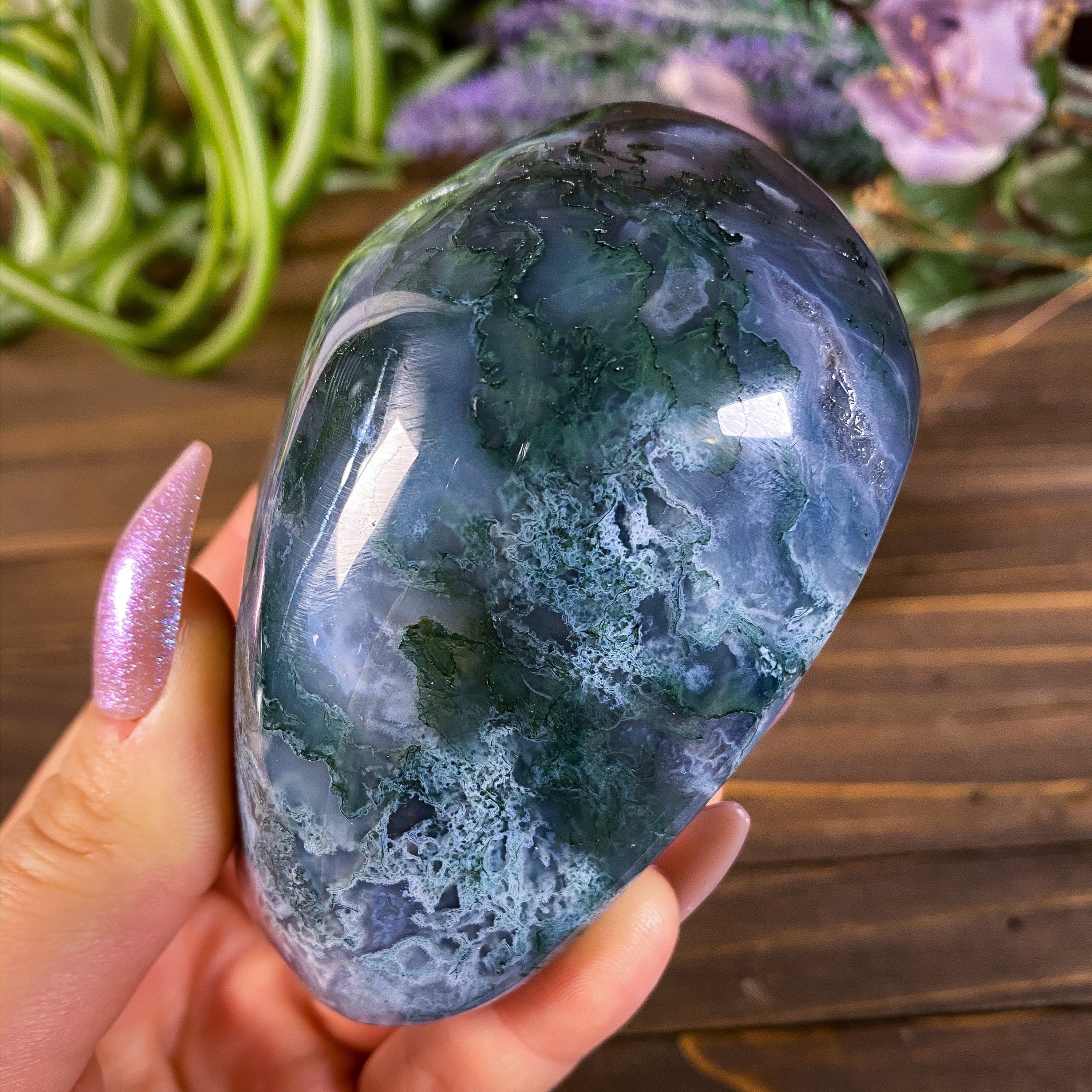 Huge Moss Agate Palm Stone