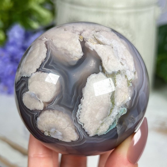 High Grade Druzy Black Gray Green Flower Agate Amazing Wispy Banded Chalcedony Sphere With Stand