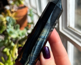 Blue Tiger's Eye Crystal Obelisk: Faceted Gemstone Tower