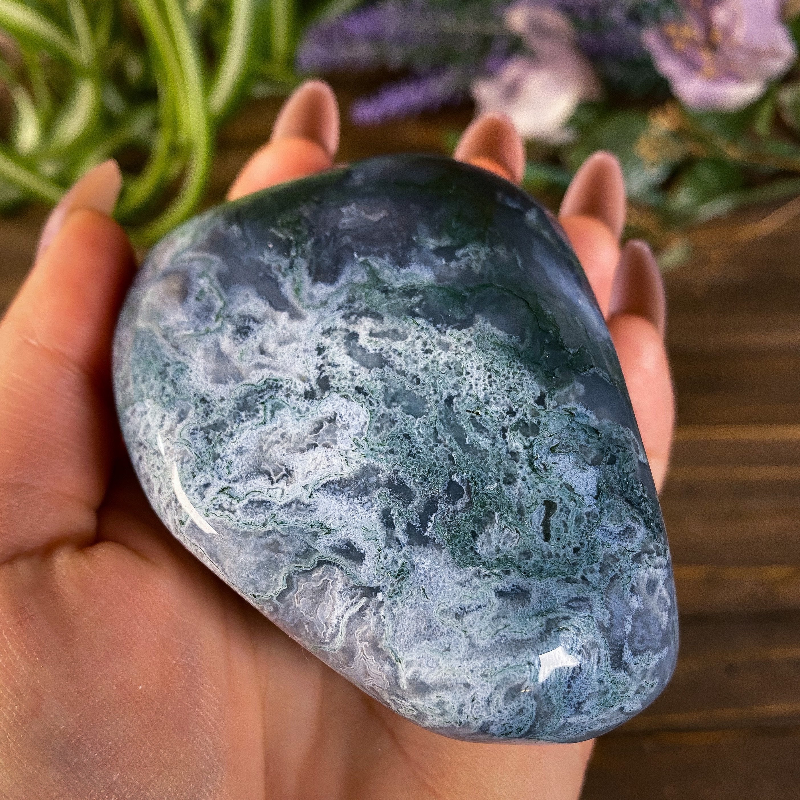 Huge Moss Agate Palm Stone