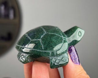 Moss Agate Turtle Figurine: Green Chalcedony Crystal Carving