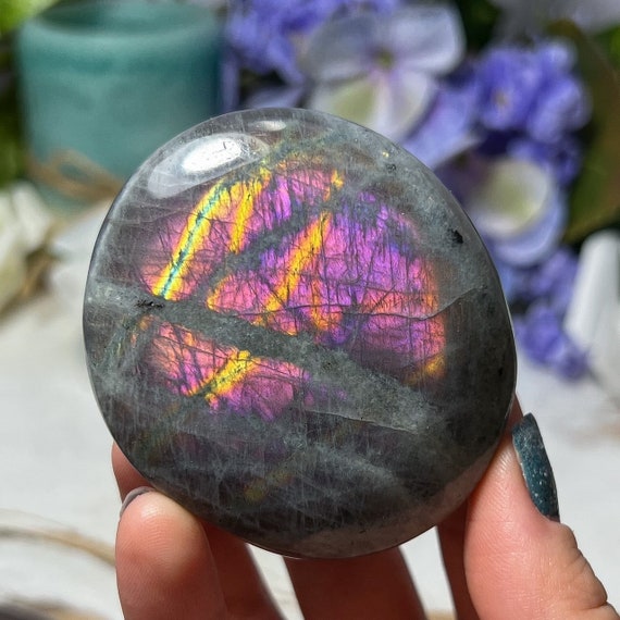Deep Electric Purple Orange Labradorite Palm Stone