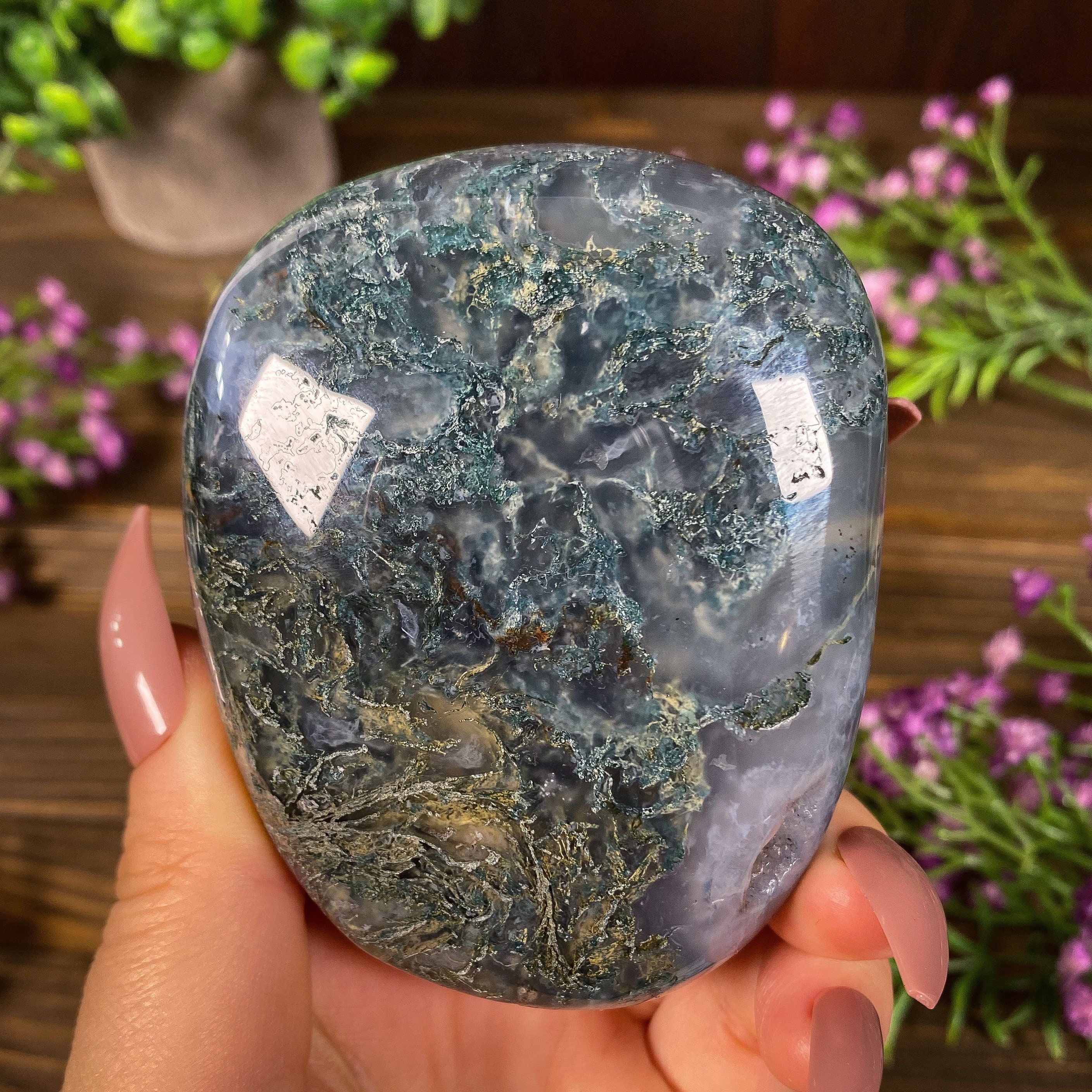 Huge Moss Agate Palm Stone