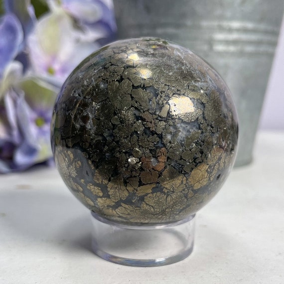 Pyrite Agate Quartz Sphere With Stand , Marcasite