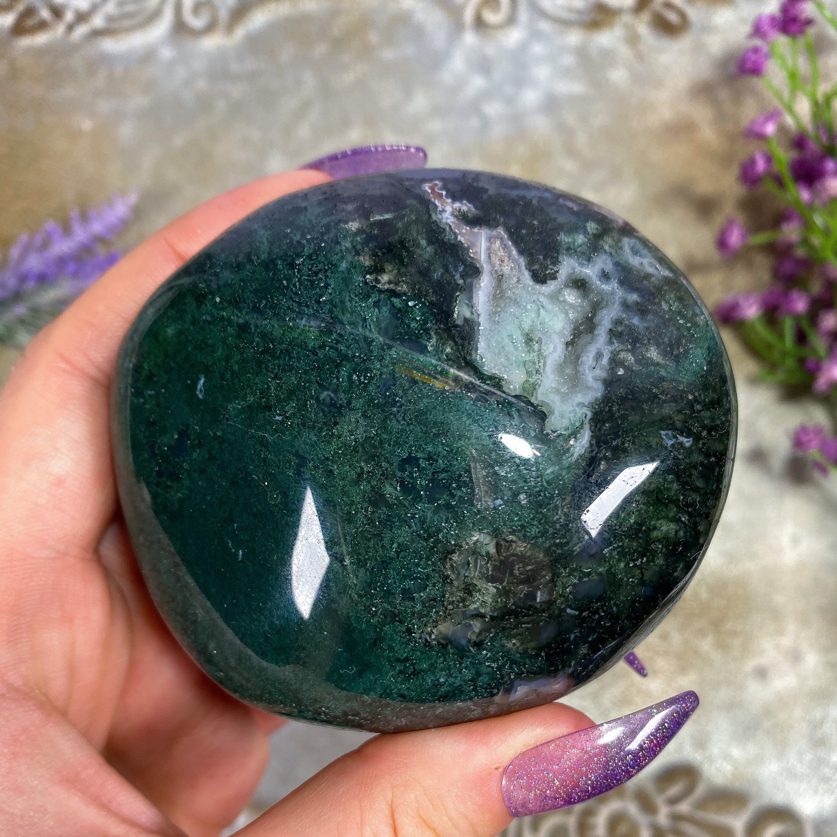 Huge Moss Agate Palm Stone