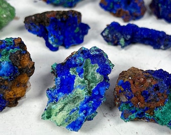 Azurite Malachite Quartz Limonite Selenite, from Morocco, Rare Mineral Specimens, Vibrant Blue Azurite