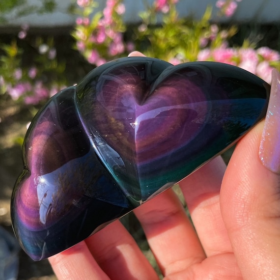 High Grade Teal Purple Rainbow Obsidian Double Heart From Mexico