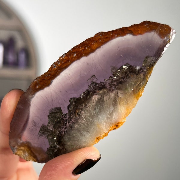 Rutilated Fluorite Slab with Pyrite Barite, Raw Crystal Slice for Altar, Purple Lavender Fluorite with Rutile, Rare Stone, Spiritual Gift