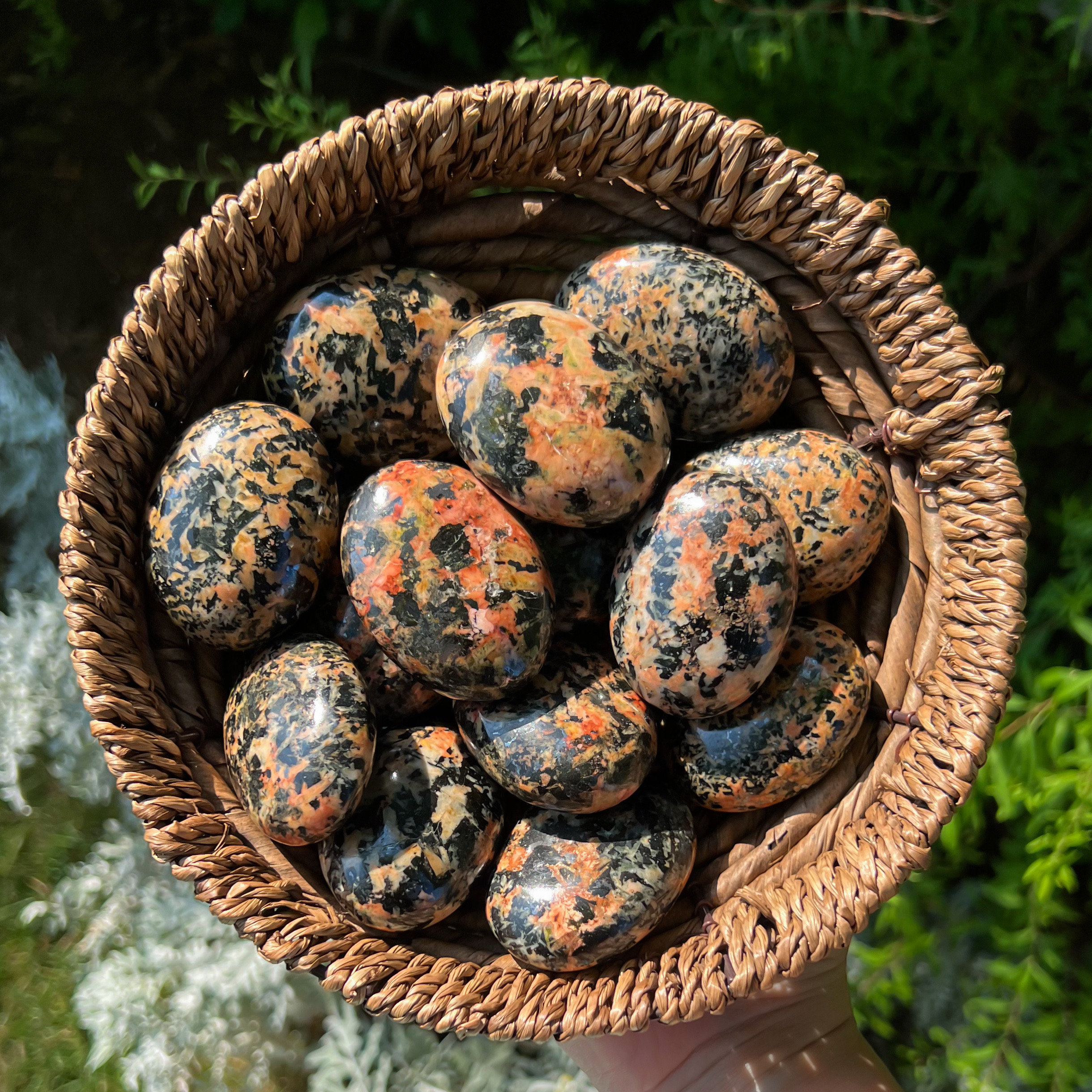 Black Tourmaline Orange Orthoclase Palm Stone: Peruvian Gemstone