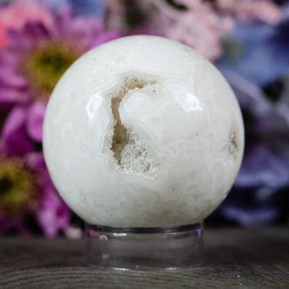 Druzy White Plume Agate Crystal Sphere With Stand