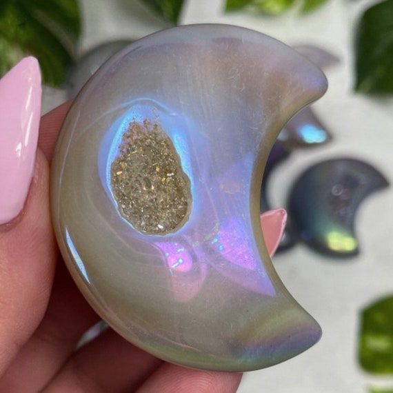 You Choose Rainbow Aura Druzy Agate Moons