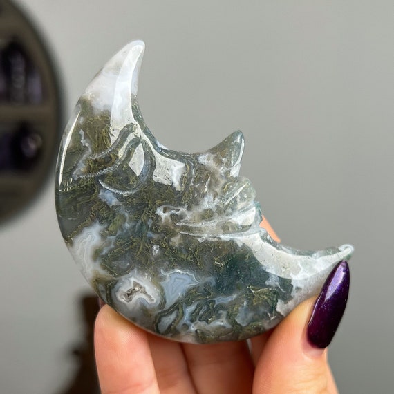 Large Moss Agate Moon With Face