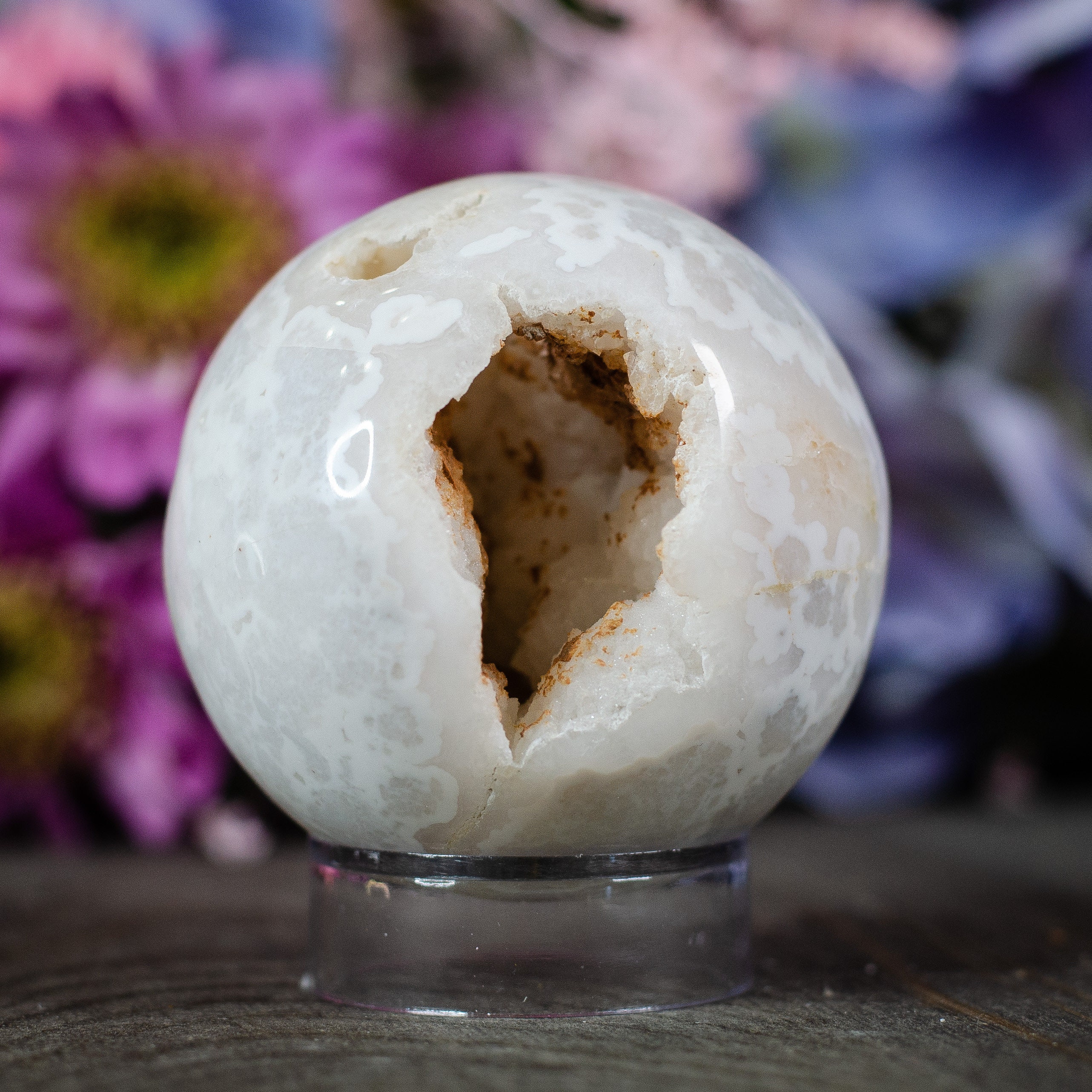 Druzy White Plume Agate Crystal Sphere With Stand
