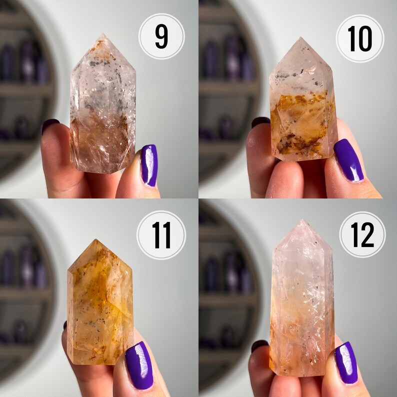 May include: Four clear quartz crystal points with inclusions of brown and orange. The crystals are displayed on a white background with numbers 9, 10, 11, and 12.
