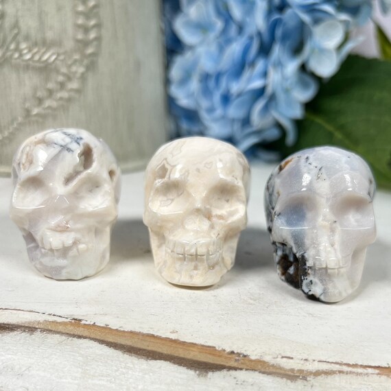 Druzy Snowy Agate Skulls, Lacy Agate