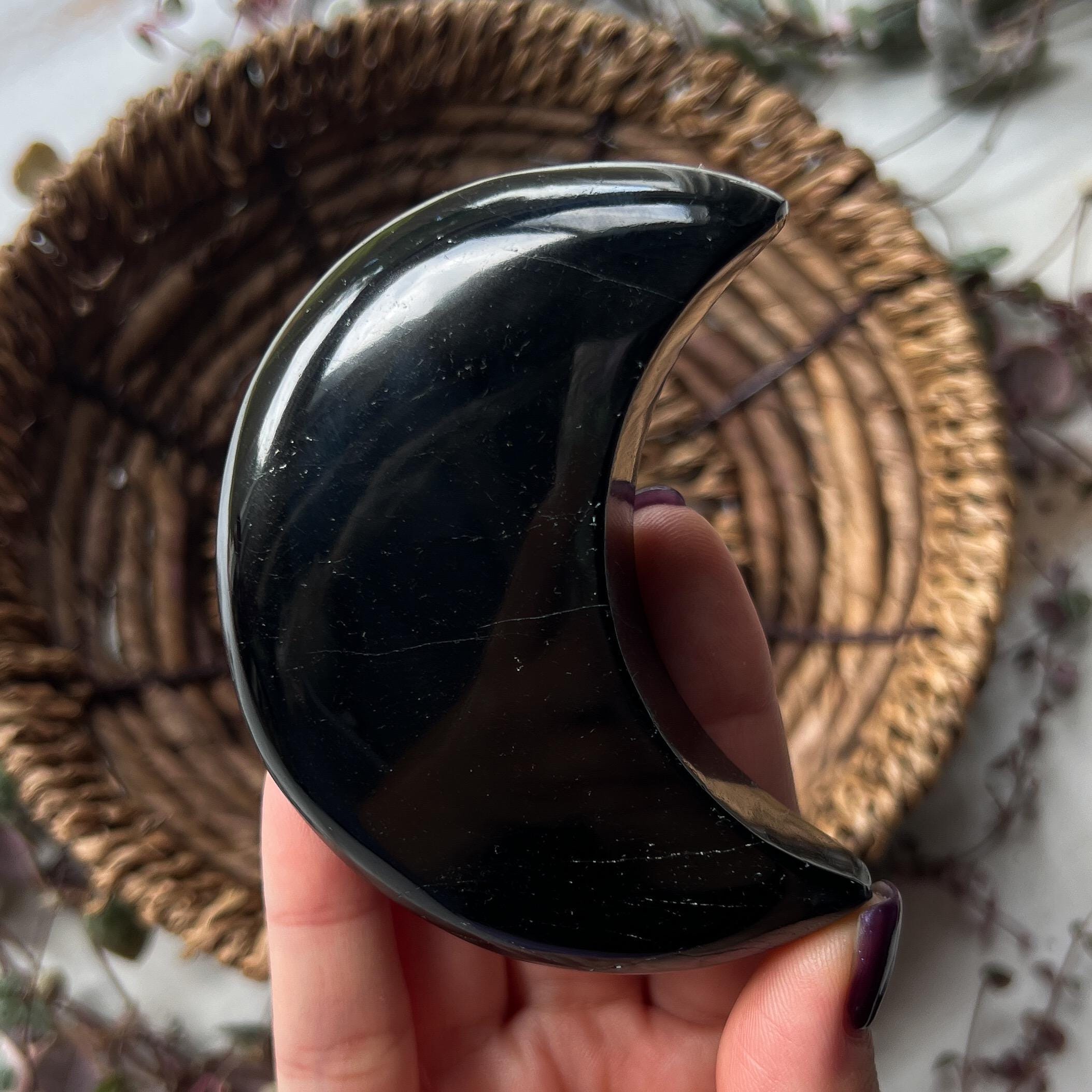Black Tourmaline Moons, Large Crystal Moon Carving, Metaphysical