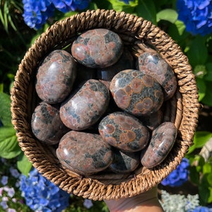 Può includere: Una collezione di pietre di diaspro pelle di leopardo lucidate in un cesto intrecciato. Le pietre sono un mix di marrone, nero e rosso con un motivo maculato.