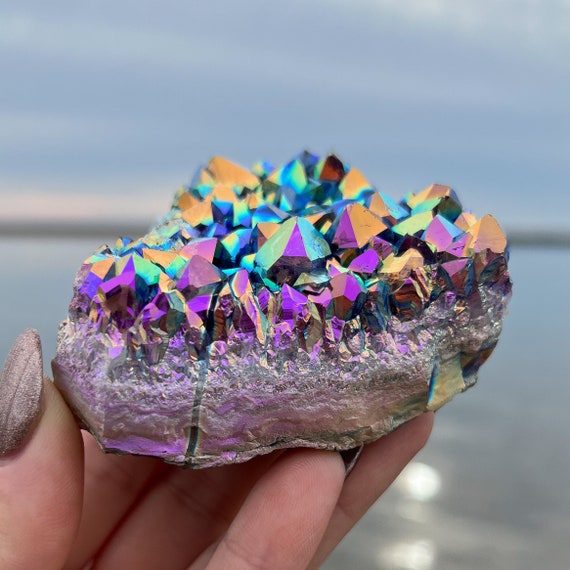 Rare Quality Rainbow Aura Amethyst Standing Cluster