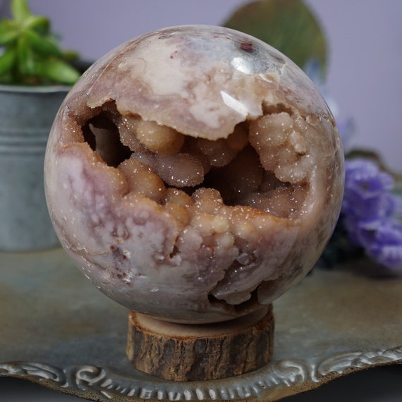 XL Amazing Quality Druzy Pink Amethyst Sphere With Wood Stand