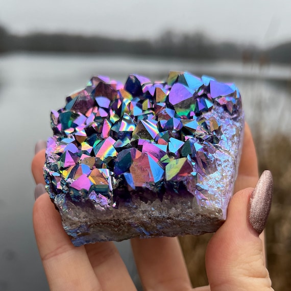 Rare Quality Rainbow Aura Amethyst Standing Cluster