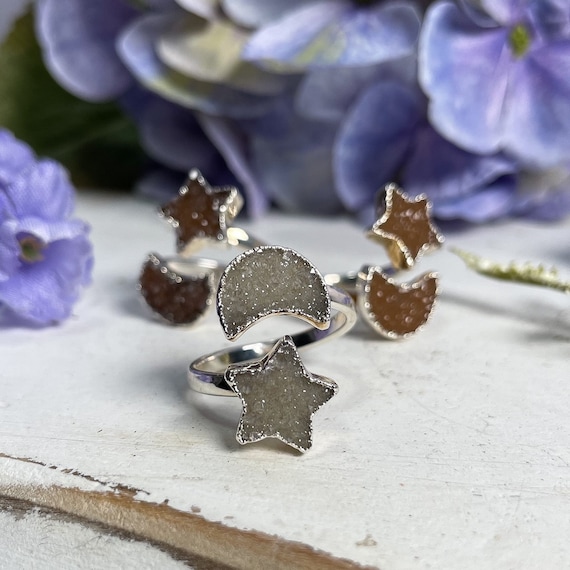 Moon Star Druzy Silver Plated Rings