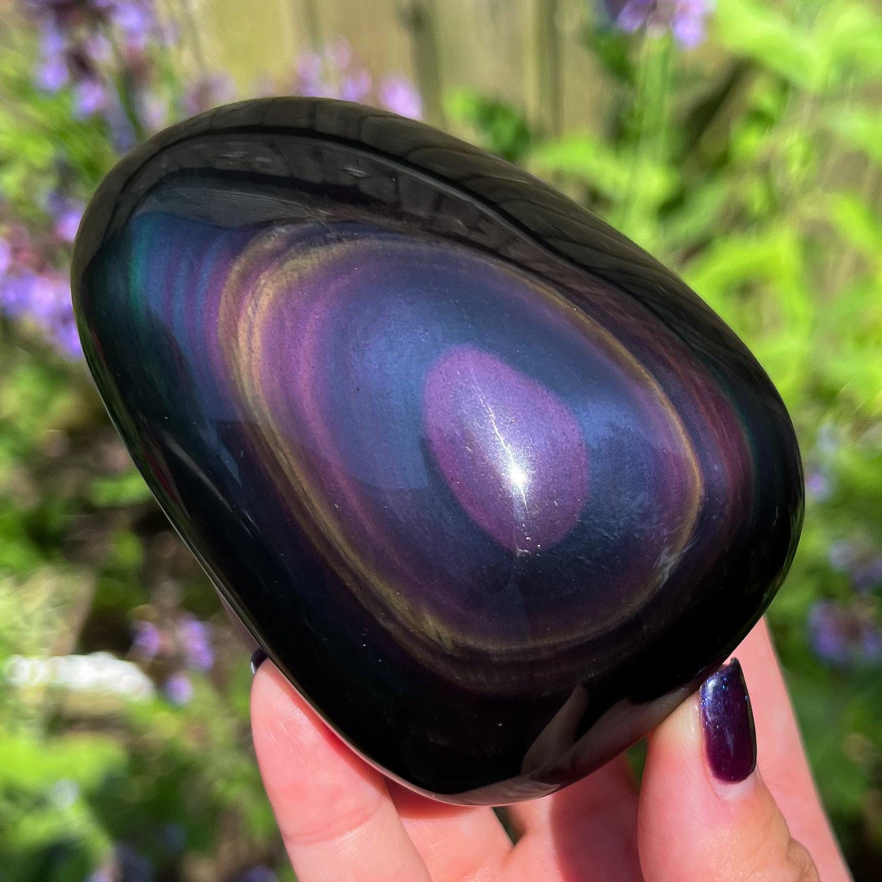 Rainbow Obsidian Palm Stone: Root Chakra Grounding Crystal (2.6-3.9")